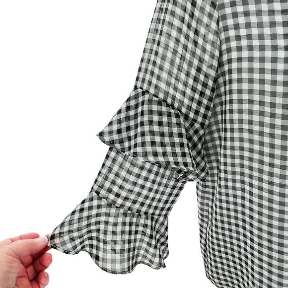 Calvin Klein Black White Gingham Check Chiffon Flare Ruffle Career Blouse Top S - Picture 4 of 10